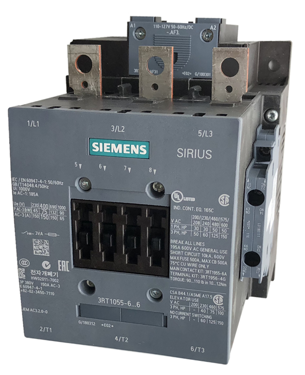 AC 40-60Hz S6 Frame Size 2 NC Auxilliary Contacts 3 Poles 150 AC3 Amp Rating Conventional Coil Screw Terminals DC 440-480V 3RT10556AR36 Siemens 3RT10 55-6AR36 Motor Contactor 2 NO
