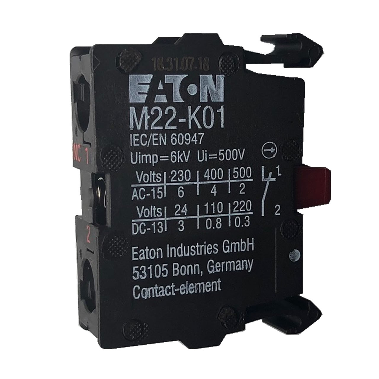 Eaton M22-K01 contact block front view 1 N.C. 22.5mm