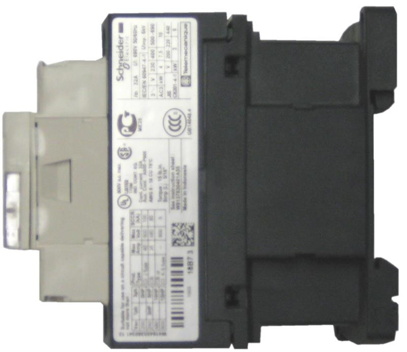 Schneider Electric LC1D18 contactor side label showing coil voltage and ratings