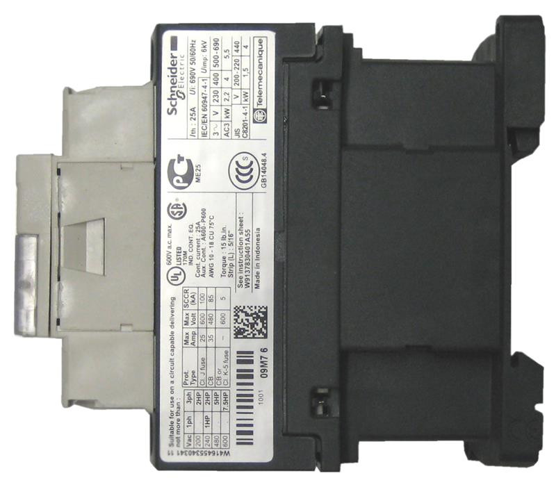 Schneider Electric LC1D09 contactor side label showing coil voltage and ratings