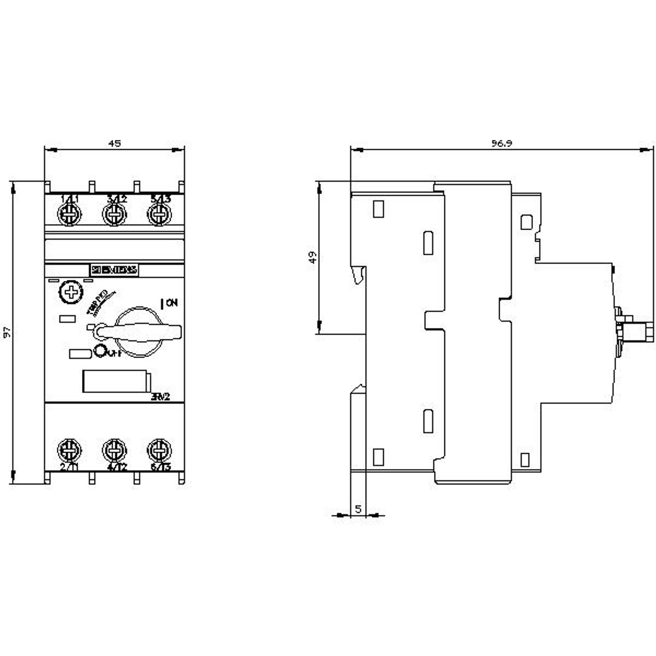 Siemens 3RV2021-4PA10 Dimensional Drawing