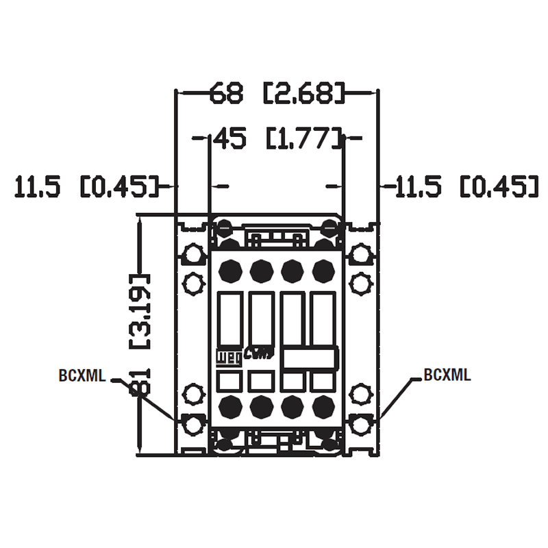 WEG CWM9 IEC 9A 3-pole contactor front dimensions