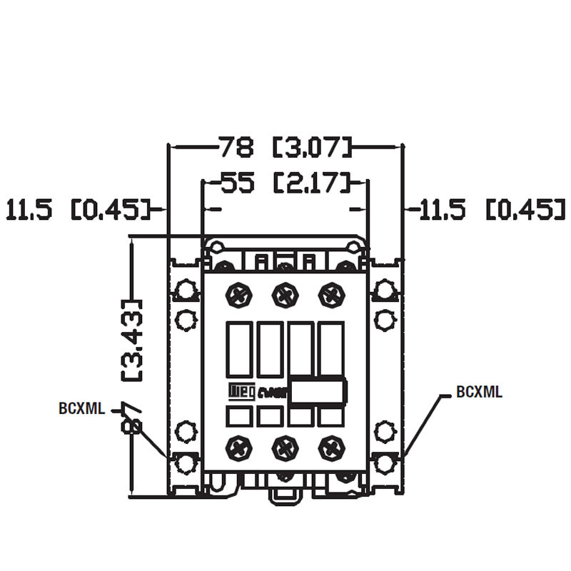 WEG CWM32 IEC 32A 3-pole contactor front dimensions