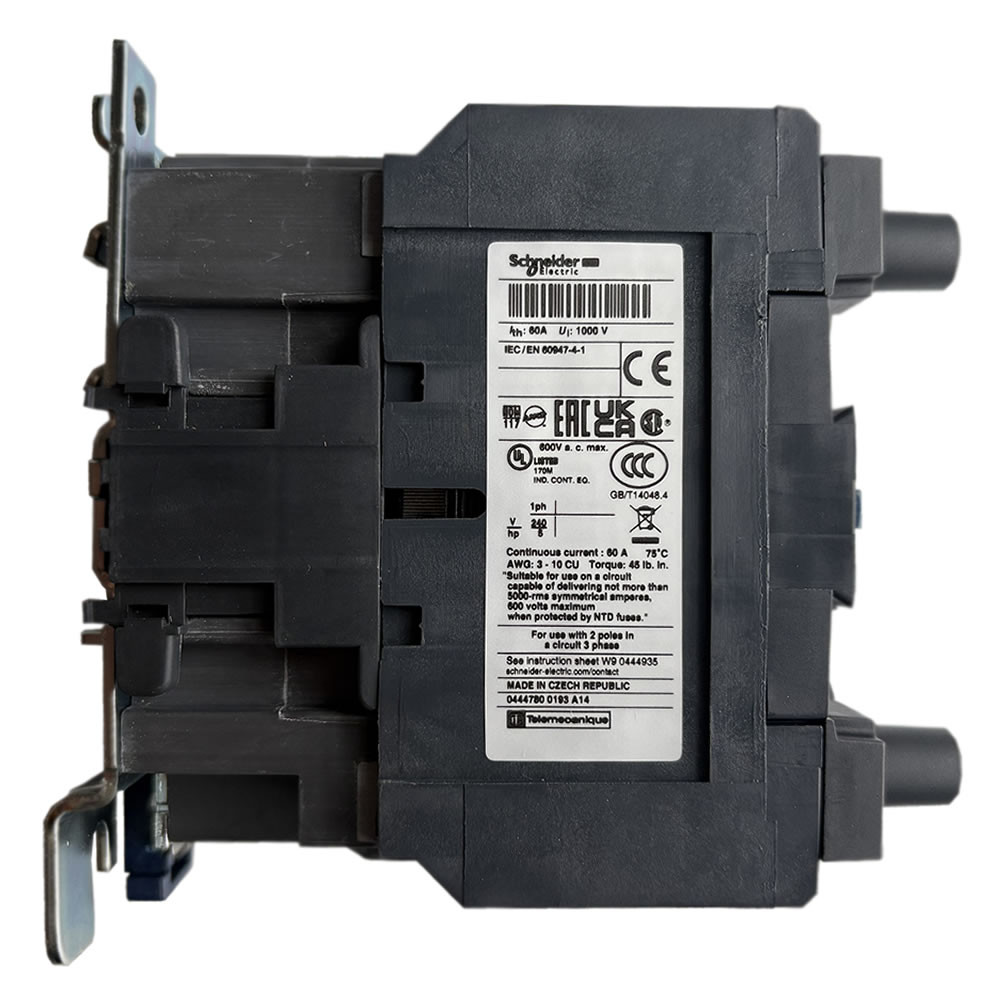 LC1D40008 contactor side label showing coil voltage and ratings