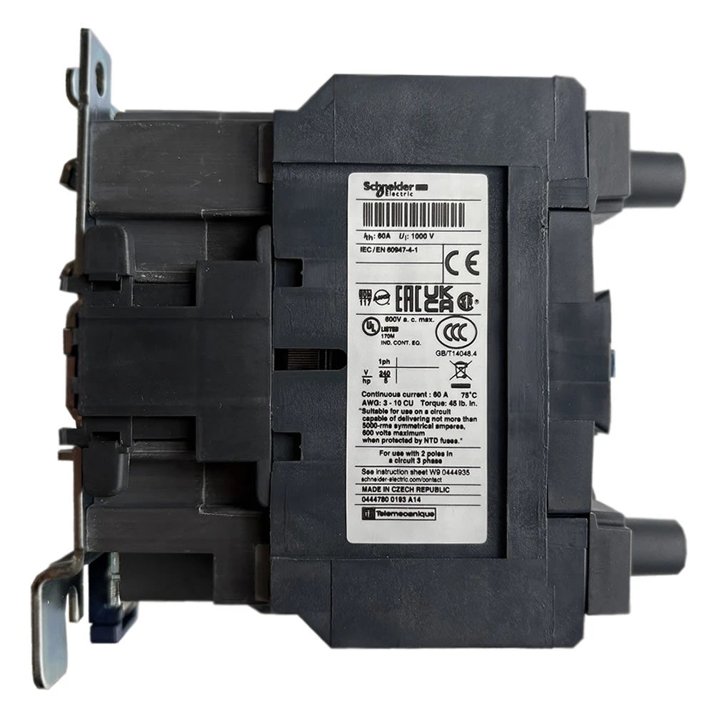 LC1D40008F7 contactor side label showing coil voltage and ratings