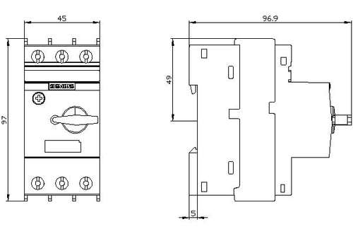 Siemens 3RV2011-1CA10 Dimensional Drawing