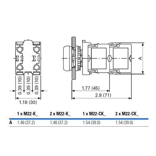 Eaton M22-K01 contact block dimensions diagram 22.5mm