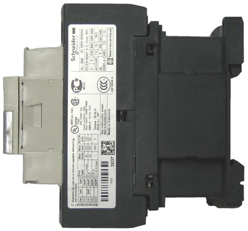 Schneider Electric LC1D32 contactor side label showing coil voltage and ratings