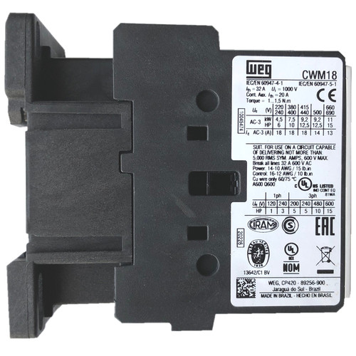 WEG CWM18 IEC 18A 3-pole contactor side label