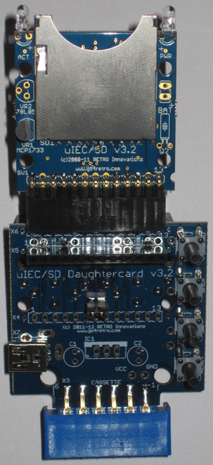 Top view of uIEC/SD with deluxe daughtercard.  2 IEC ports are under the uIEC/SD and the jack on the left side is for USB power.