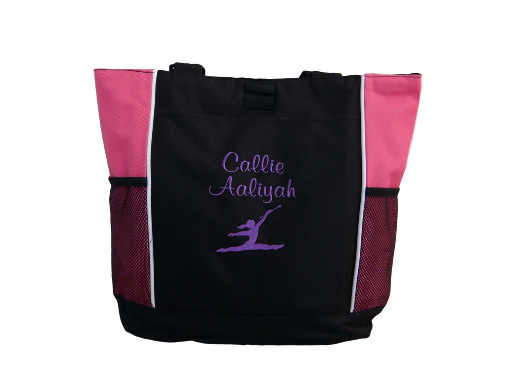 Twirler Gymnastics Cheer Personalized Embroidered Zippered Tote Bag Hot Pink Font Casual Script