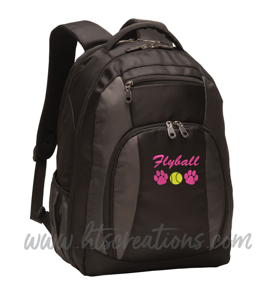 Flyball Dog Paw Prints Tennis Ball Frisbee Sports Agility K9 Service Personalized Embroidered Monogram Backpack Black Charcoal  ATHLETIC SCRIPT