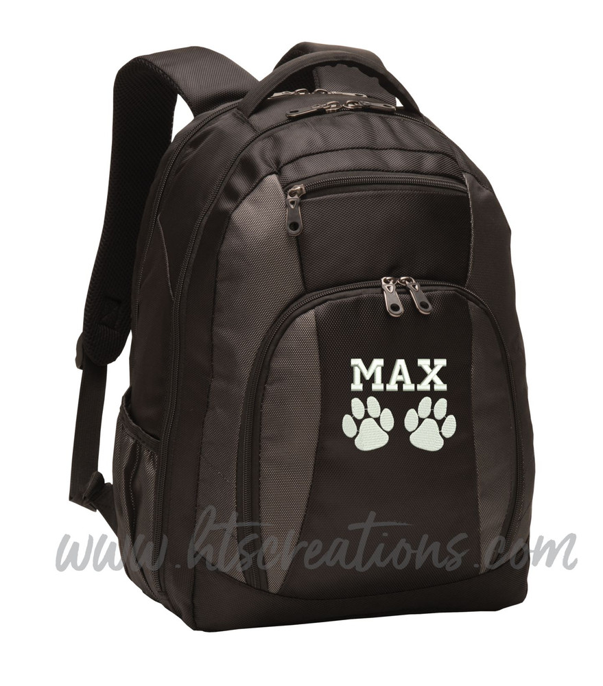 Dog Paw Prints Puppy Rescue Sports Agility K9 Service Personalized Embroidered Monogram Backpack Black Charcoal  FONT STYLE VARSITY