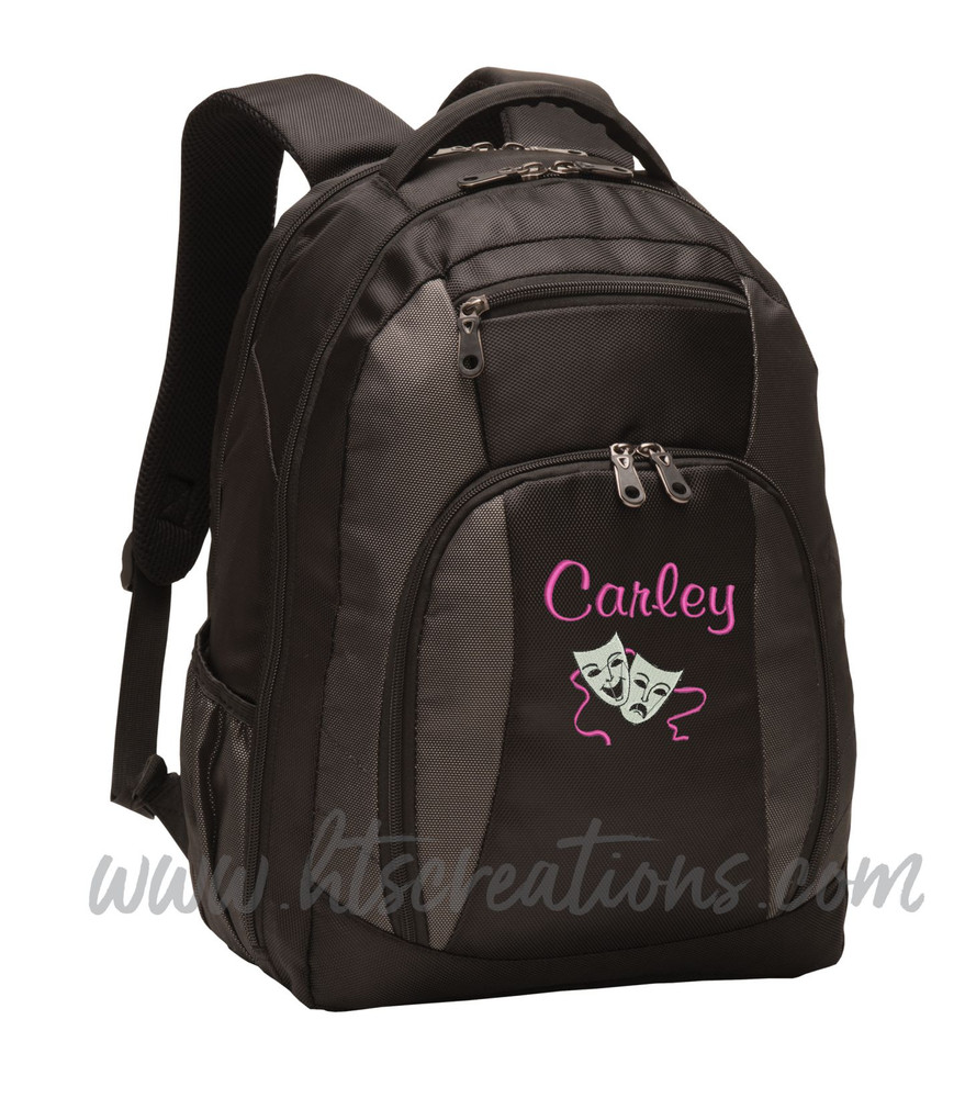 Theater Drama Masks Comedy Tragedy Glee Club Theatre Personalized Embroidered Monogram Backpack Black Charcoal FONT STYLE CASUAL SCRIPT