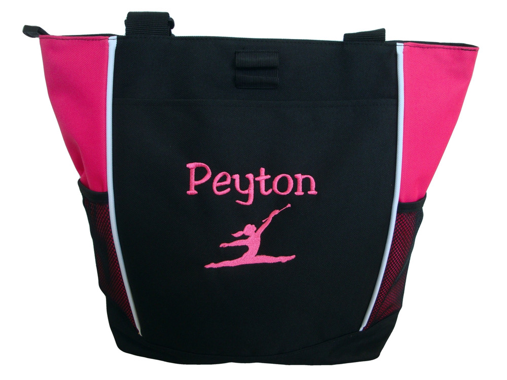 Twirl Gymnastics Cheer Personalized Embroidered Zippered Tote Bag Hot Pink Font Girlz