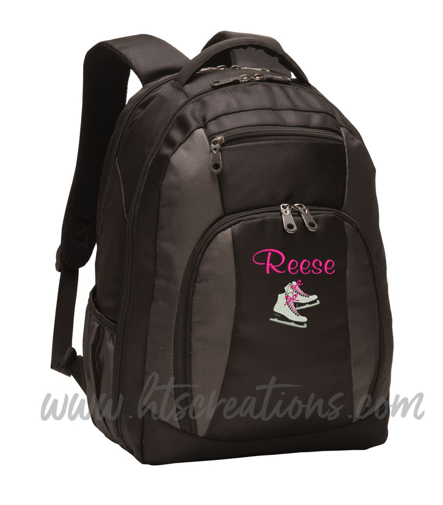 Ice Skates Skating Dance Sports Personalized Embroidered Backpack with Waterbottle Holder Font Style CASUAL SCRIPT