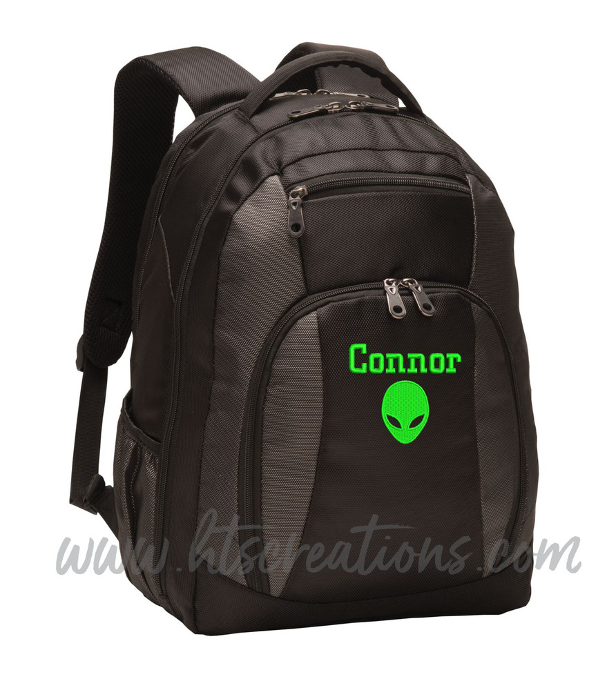 Alien Head Area 51 UFO Extraterrestrial Personalized Embroidered Backpack  with Waterbottle Holder FONT STYLE CHICAGO