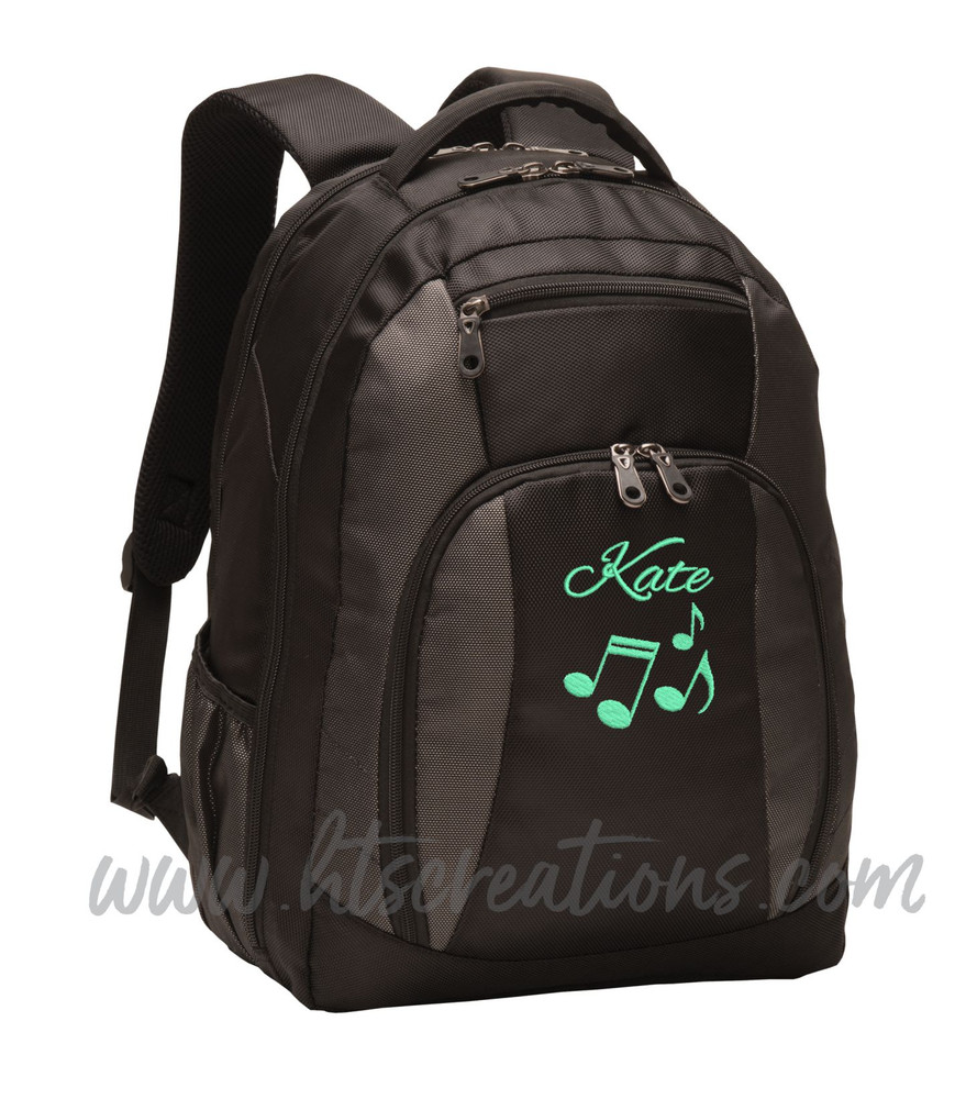 Music Notes Chorus Choir Band Teacher Glee Theater Personalized Embroidered Backpack with Waterbottle Holder FONT Style ALEXIS