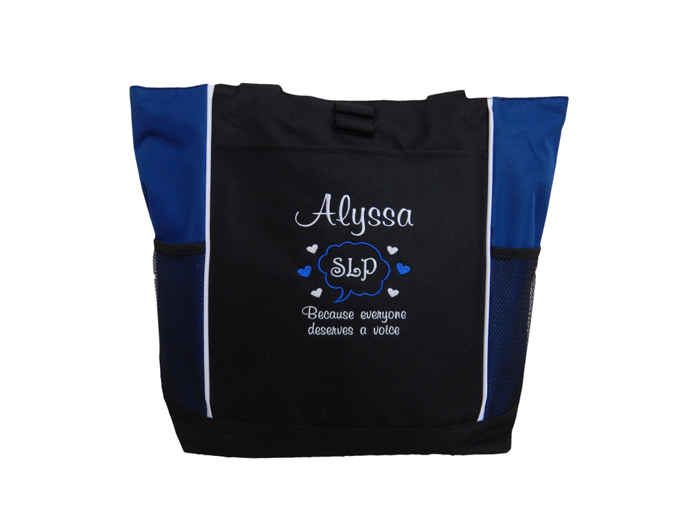 Speaking Bubble Speech Language Pathologist SLP Autism Personalized Embroidered Zippered ROYAL BLUE Tote Bag Font Style CASUAL SCRIPT