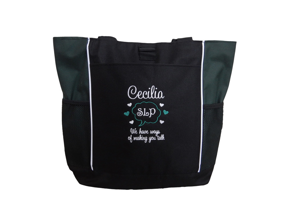 Speaking Bubble Speech Language Pathologist SLP Autism Personalized Embroidered Zippered HUNTER GREEN Tote Bag Font Style SWEETHEART