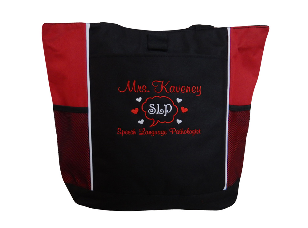 Speaking Bubble Speech Language Pathologist SLP Autism Personalized Embroidered Zippered RED Tote Bag Font Style CASUAL SCRIPT