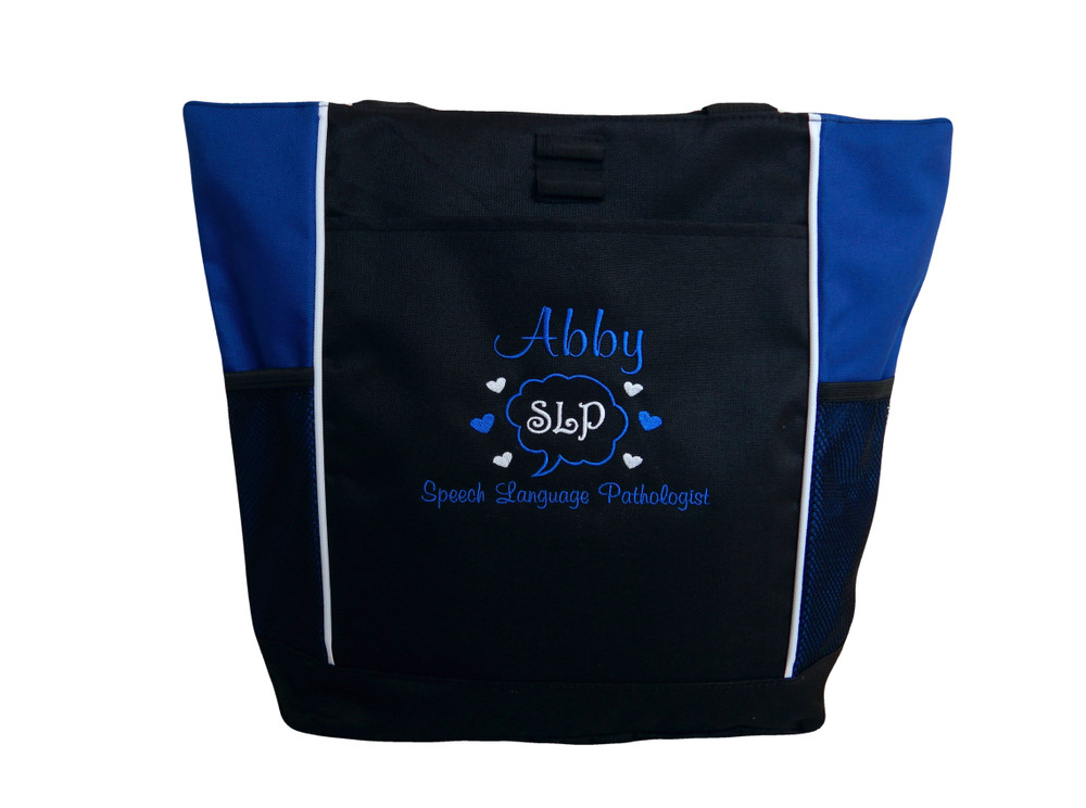 Speaking Bubble Speech Language Pathologist SLP Autism Personalized Embroidered Zippered ROYAL BLUE Tote Bag Font Style CASUAL SCRIPT