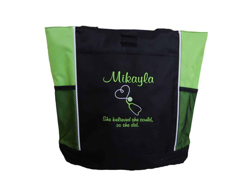 Upside Down Heart Stethoscope Nurse RN She Believed She Could So She Did Personalized Embroidered LIME GREEN Zippered Tote Bag FONT STYLE CASUAL SCRIPT