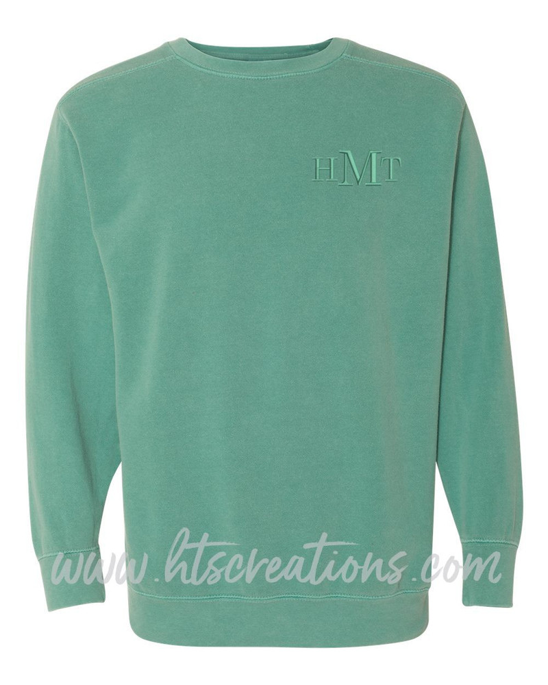 Crewneck Sweatshirt COMFORT COLORS Embroidered Monogram Personalized Unisex Mens Sizing S M L 2XL 3XL SEAFOAM