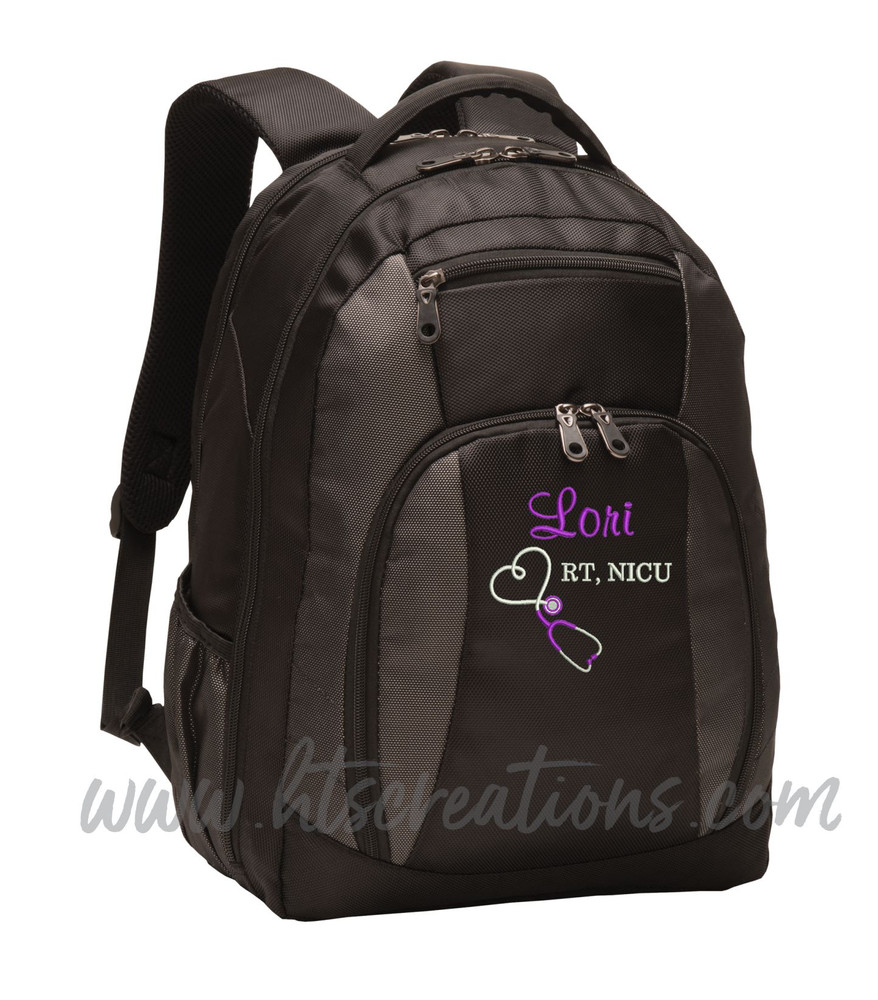 Upside Down Heart Stethoscope Nurse Nursing RN BSN LPN  LVN FNP CNA ER OT PT RT  Medical Personalized Embroidered Backpack with Waterbottle Holder FONT STYLES CASUAL SCRIPT & BODINI