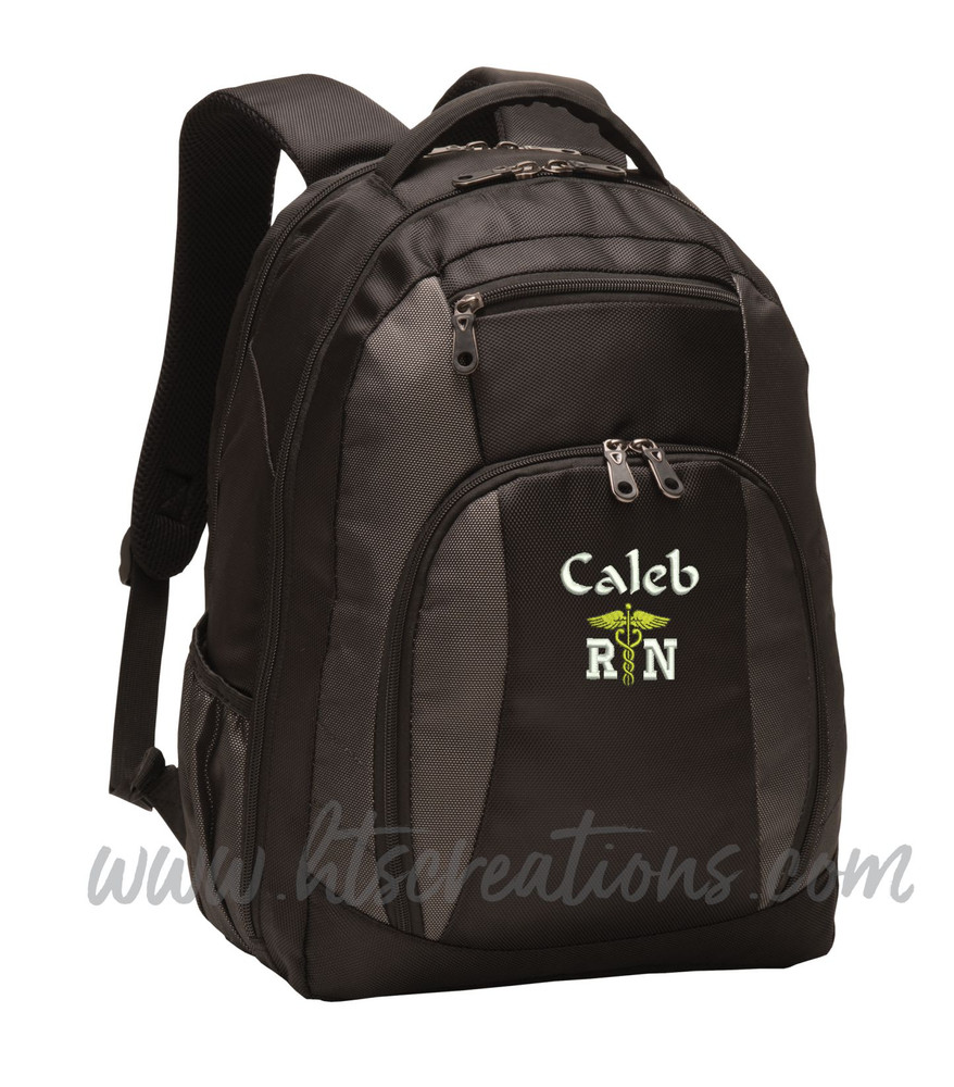 Caduceus Nurse Nursing RN BSN LPN  LVN ER OT PT Physical Therapy Medical Personalized Embroidered Backpack with Waterbottle Holder FONT STYLE  CALLIGRAPHY & VARSITY