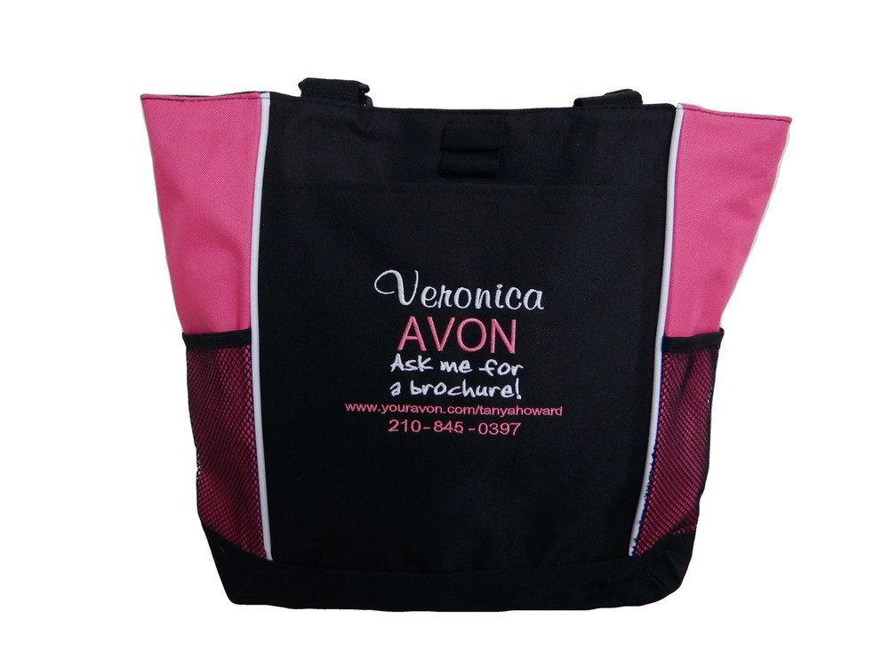 AVON Ask me for a Brochure! Custom Name, Website & Phone Contact Info HOT PINK Zippered Tote Bag Font Styles CASUAL SCRIPT, ARIAL and JENKINS