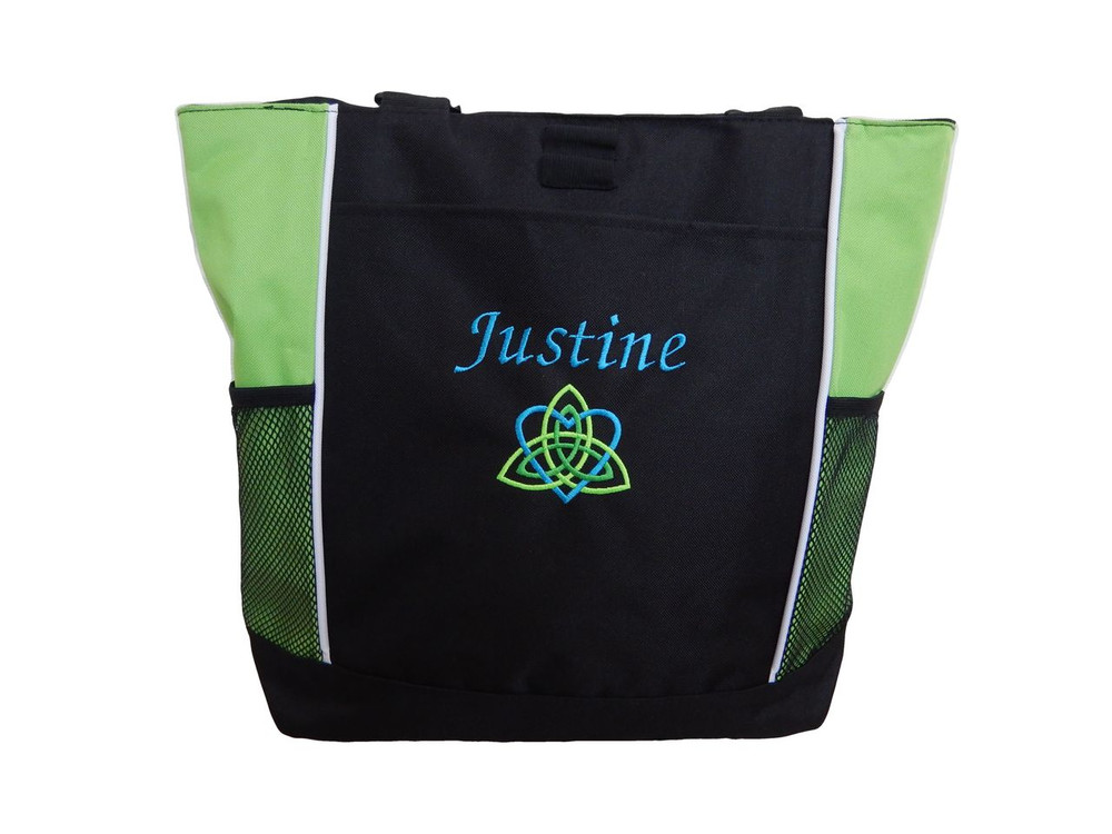 Celtic Trinity Heart Ireland LIME GREEN Aqua Kelly Lime Green Custom Personalized Zippered Tote Bag Font Style MONO CORSIVA