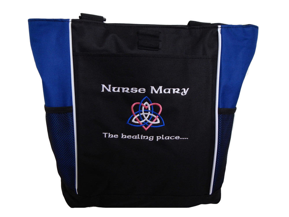 Celtic Trinity Heart Nurse Healing ROYAL BLUE Hot Pink White Custom Personalized Zippered Tote Bag Font Style CALLIGRAPHY