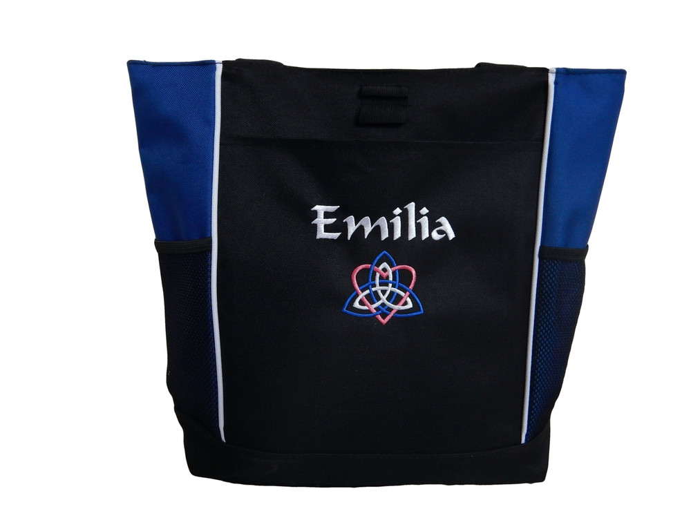 Celtic Trinity Heart Ireland ROYAL BLUE Hot Pink White Custom Personalized Zippered Tote Bag Font Style CALLIGRAPHY