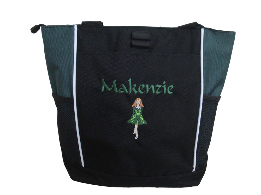 Irish Dancer Ghillie Girl Jig Shoes Celtic Dance Ireland Reel Princess HUNTER GREEN Zippered Tote Bag Font Style CALLIGRAPHY (Kelly Green DRESS with lime green TRIM)