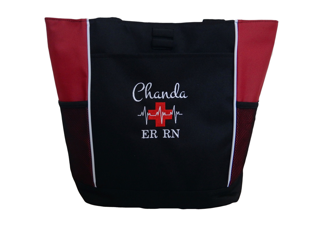 Heartbeat First Aid Cross EKG Medical Nursing Nurse ER RN Paramedic RED Tote Bag Font Style MONTE CARLO and BODINI