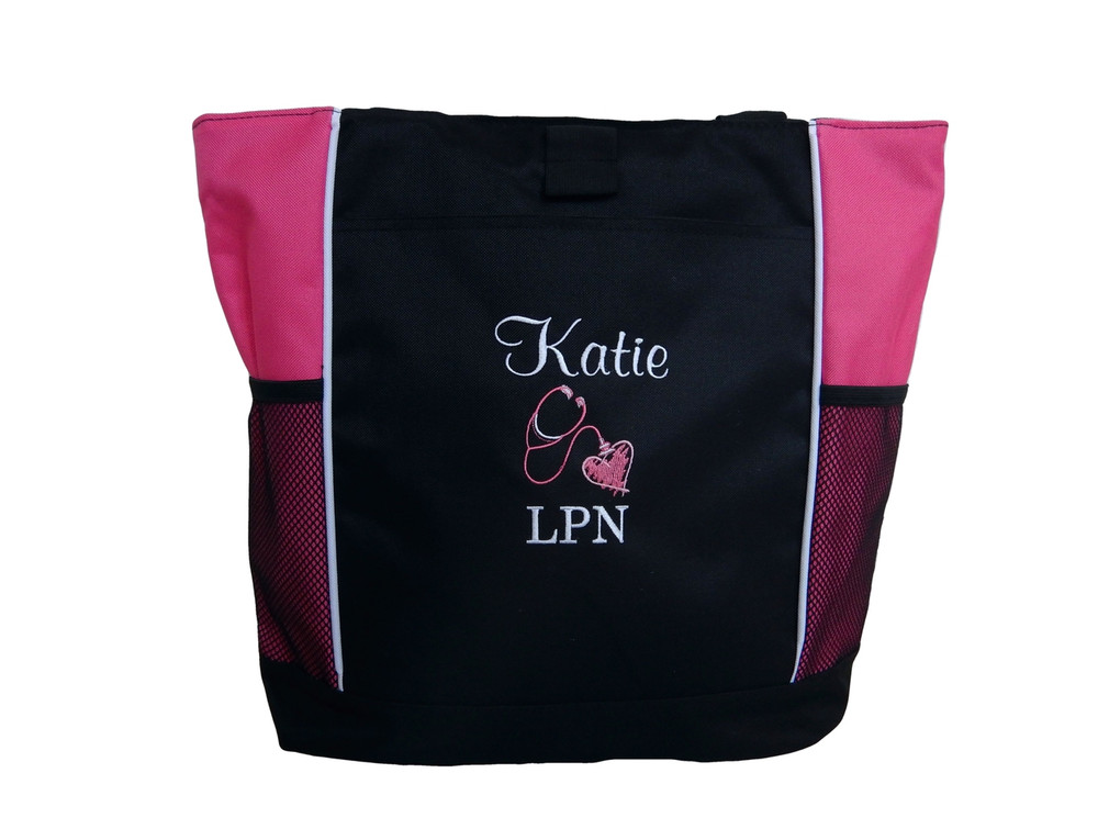 Heart Stethoscope Nursing Student Registered Nurse RN LPN HOT PINK Tote Bag Font Style CASUAL SCRIPT and BODINI