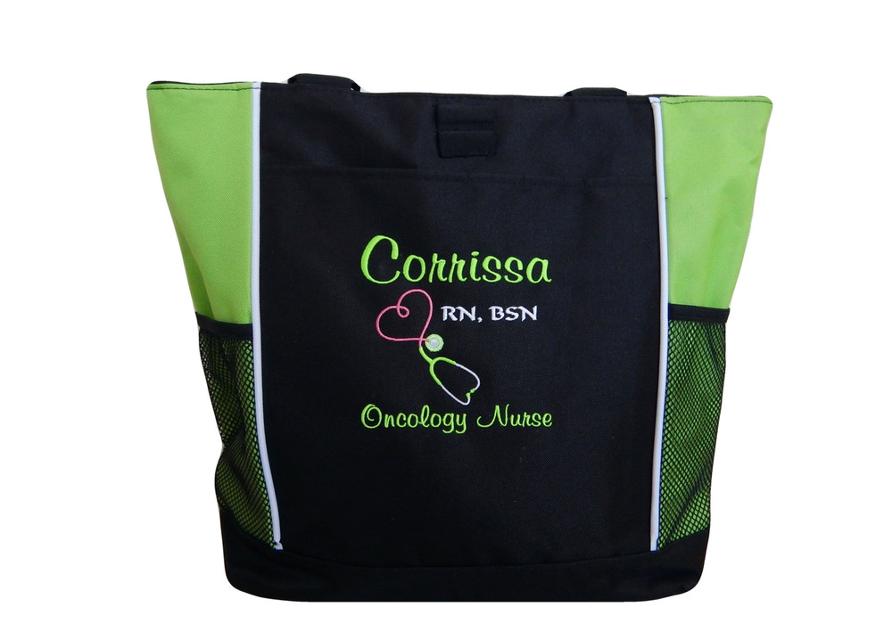 Upside Down Heart Stethoscope Nursing Registered Nurse Oncology RN BSN LIME GREEN Tote Bag Font Style CASUAL SCRIPT and CALLIGRAPHY