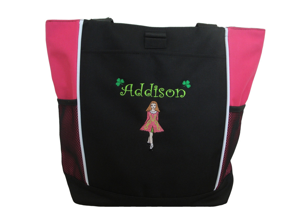 Irish Dancer Ghillie Girl Shamrocks Clover Dancer Jig Shoes Celtic Dance Ireland HOT PINK Zippered Tote Bag Font Style CURLZ (Hot Pink DRESS with Lime Green TRIM)