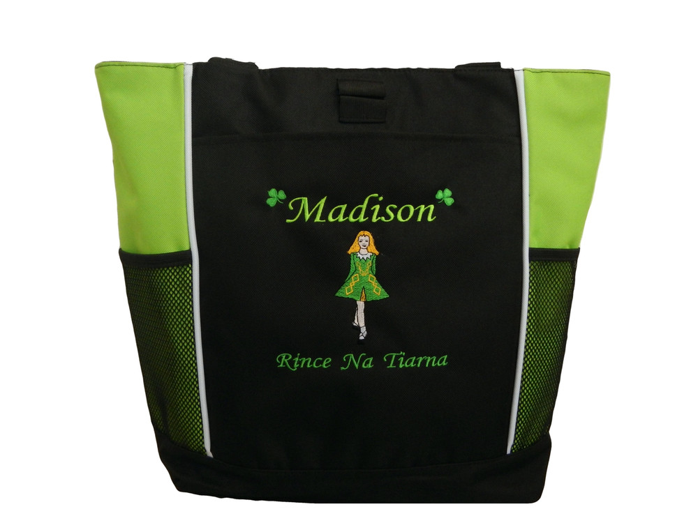 Irish Dancer Ghillie Girl Shamrocks Clover Dancer Jig Shoes Celtic Dance Ireland LIME GREEN Zippered Tote Bag Font Style MONO CORSIVA (Kelly Green DRESS with Golden Yellow TRIM)