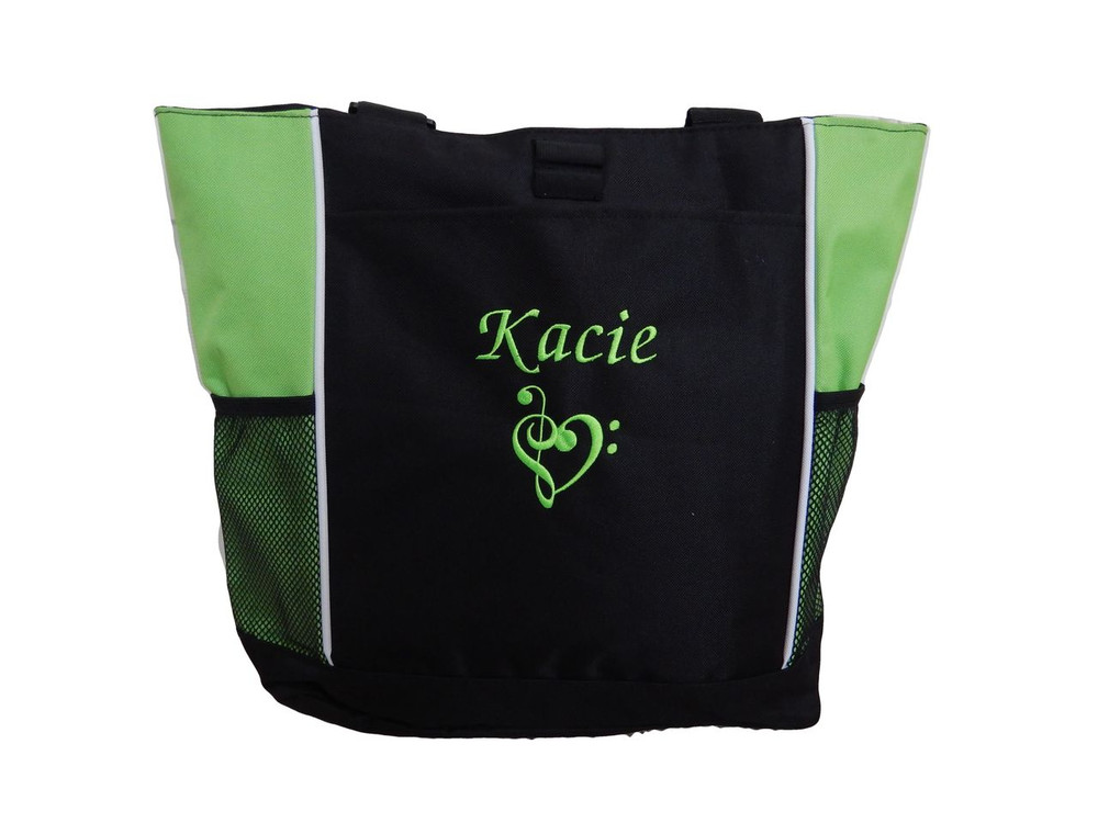 Heart Clef Music Notes Band Chorus Choir Theater Drama Club Glee Piano Teacher LIME GREEN Zippered Tote Bag Font Style MONO CORSIVA