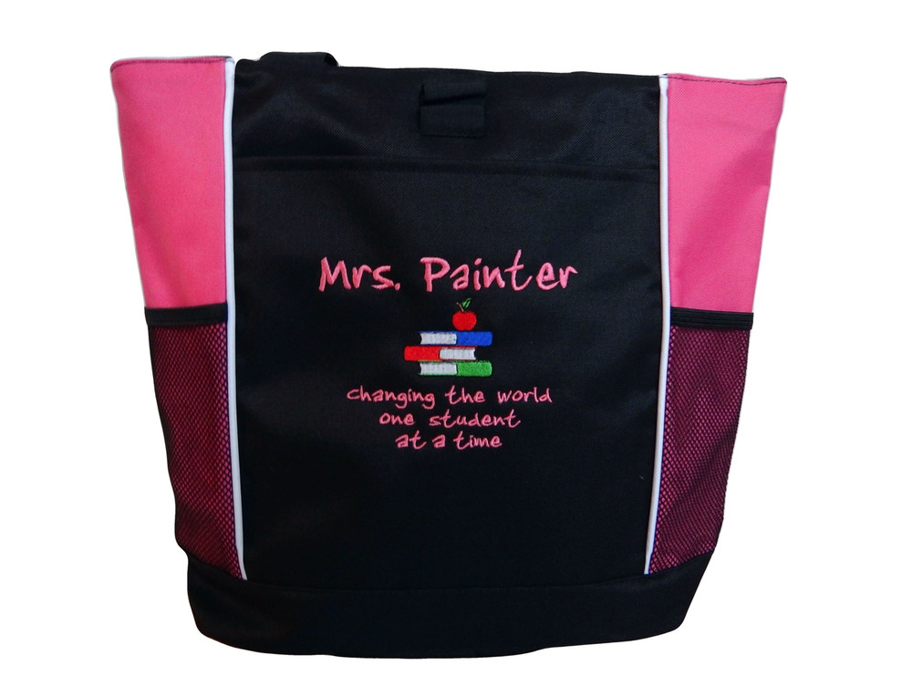 Teacher Stacked Books Changing the World One Student at a Time Personalized Embroidered TROP HOT PINK Zippered Tote Bag Font Style JENKINS