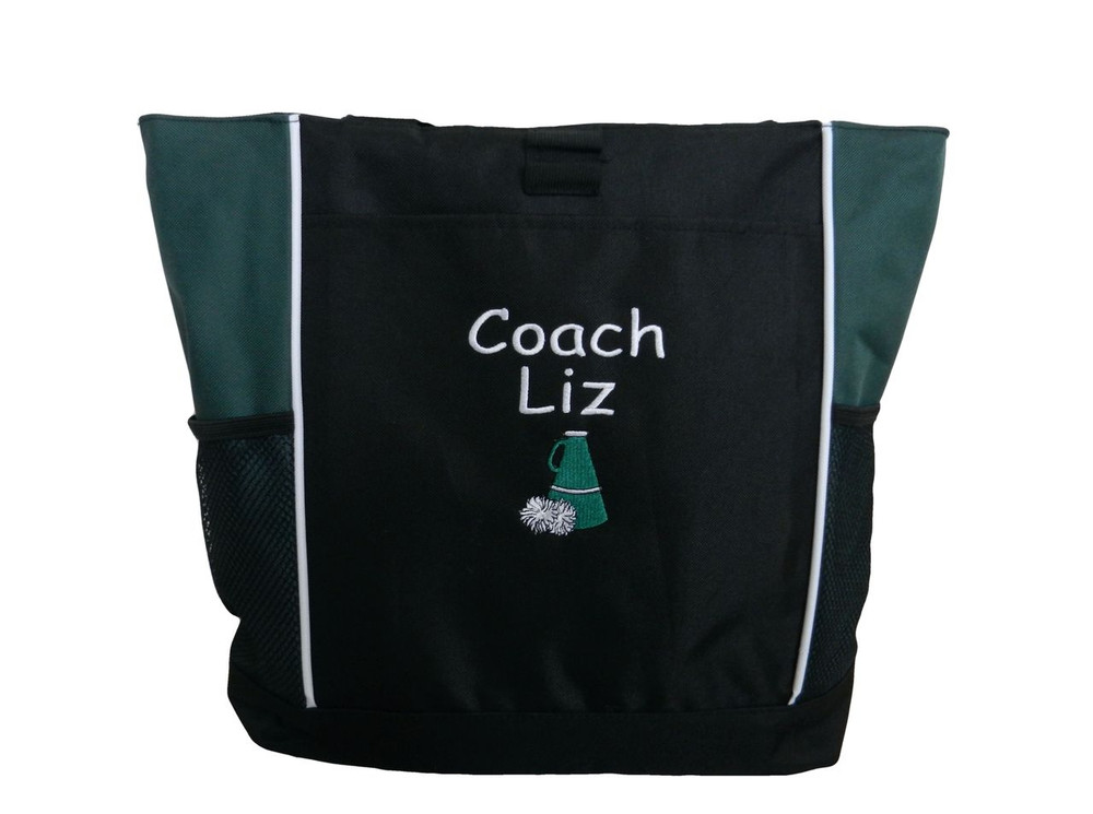 Cheer Poms Cheerleader Personalized Embroidered HUNTER GREEN Zippered Tote Bag Font Style COMIC SANS