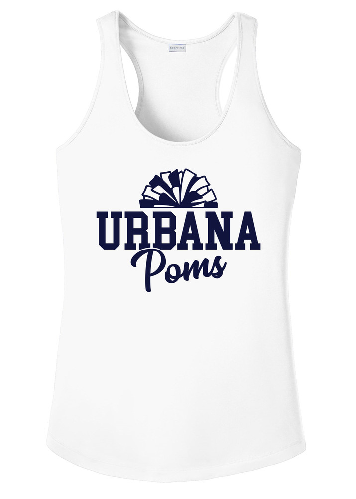 Urbana Hawks POMS Tank Top Performance LADIES Racer Back Polyester Many Colors Available Sz S-2XL  WHITE