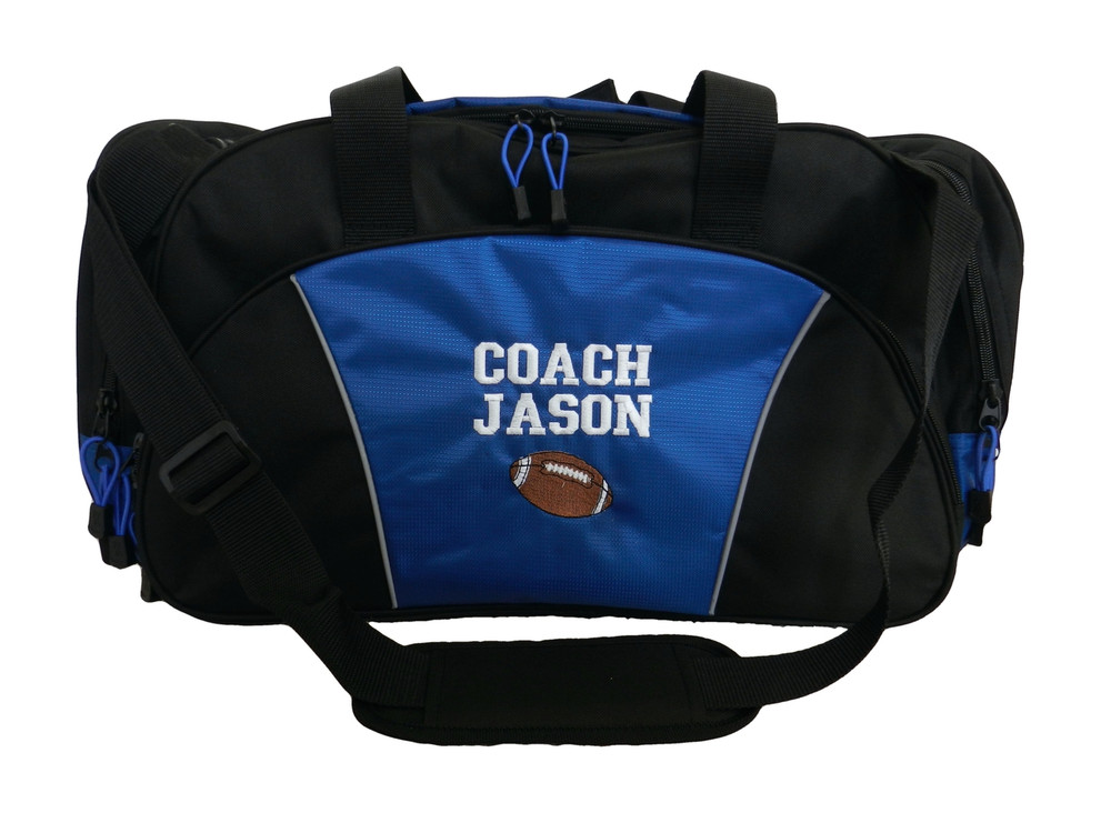 Football Coach Mom Team Personalized Embroidered ROYAL BLUE DUFFEL Font Style VARSITY