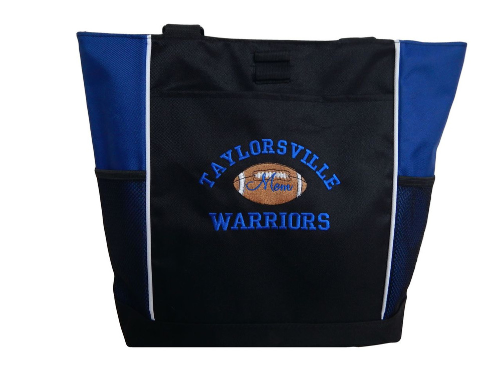Football Sports Team Mom Custom Personalized ROYAL BLUE Tote Bag Font Style VARSITY
