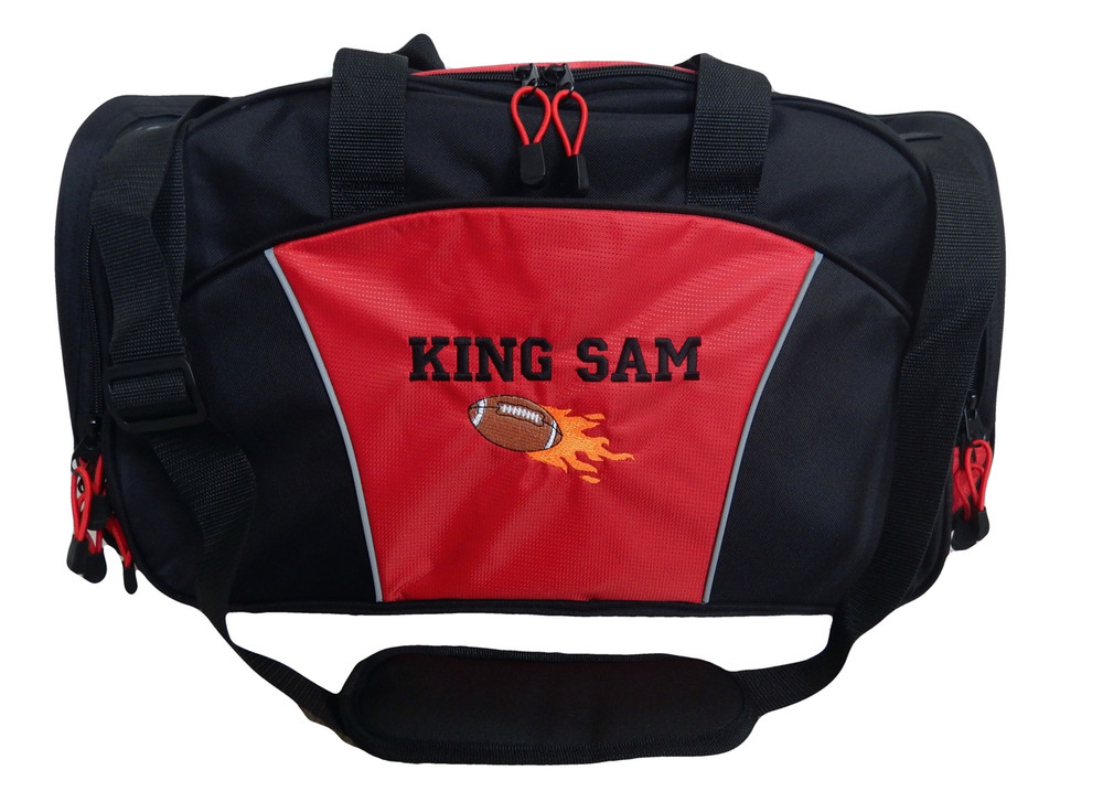 Football Flames Coach Mom Team Personalized Embroidered RED DUFFEL Font Style VARSITY