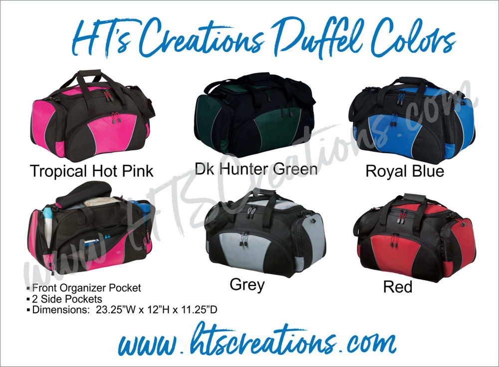 HT's Creations Custom Monogrammed Personalized Zippered DUFFEL BAG COLORS Hot Tropical Pink, Royal Blue, Hunter Green, Grey and Red