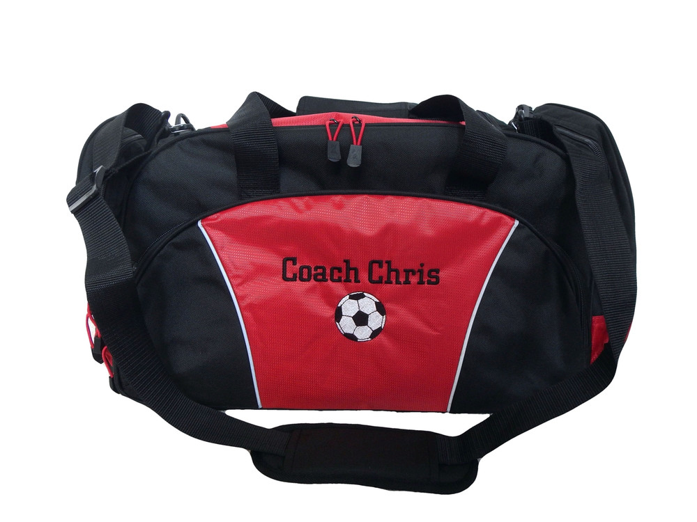 Soccer Ball Coach Mom Team Personalized Embroidered RED DUFFEL Font Style CHICAGO