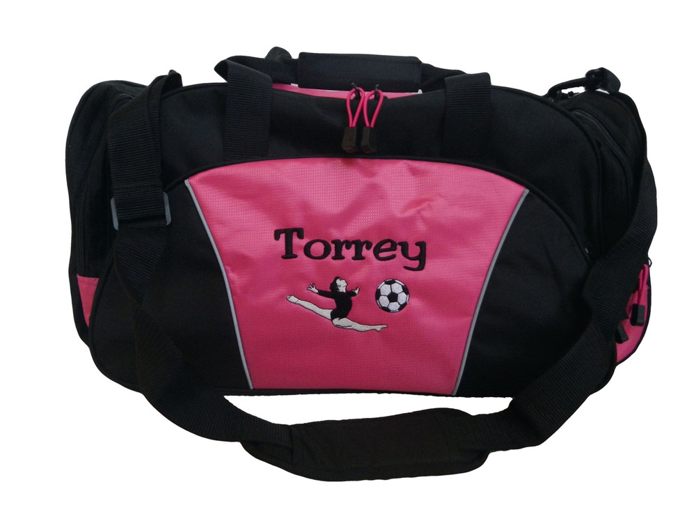 Gymnast Soccer Ball Coach Mom Team Personalized Embroidered TROPICAL HOT PINK DUFFEL Font Style JESTER